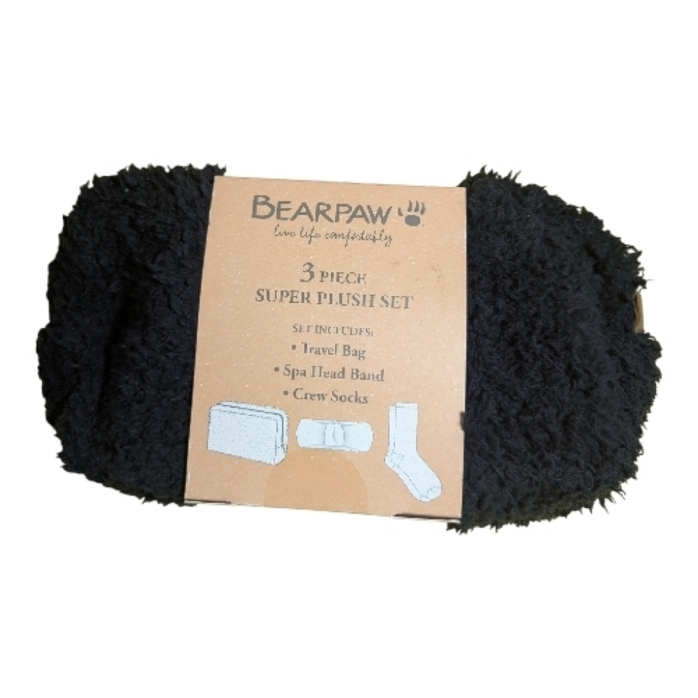 BearPaw Plush Travel Set Socks Spa Headband Black 3 Pc